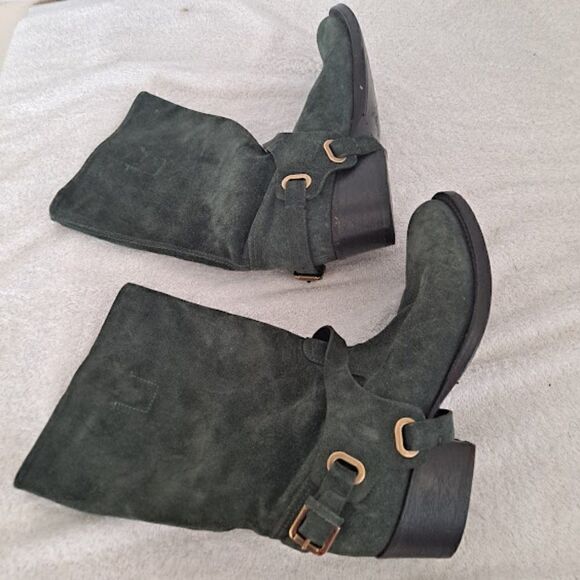 Ralph Lauren Collection Harness Boots Italy Green Suede 1.5" Cowgirl Heel Buckle - Picture 10 of 15